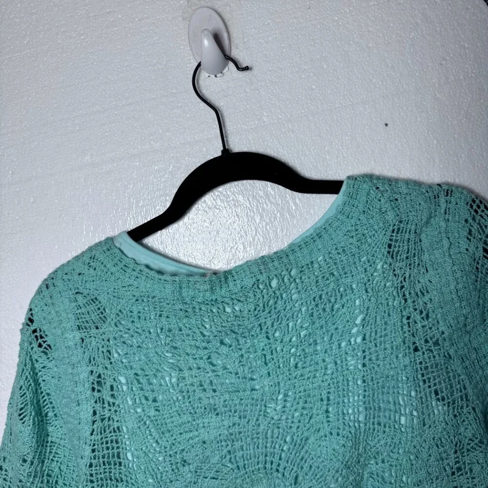 Soft Surroundings Womens Medium Aqua Blue Crochet Boho Pullover Top 3/4 Sleeve